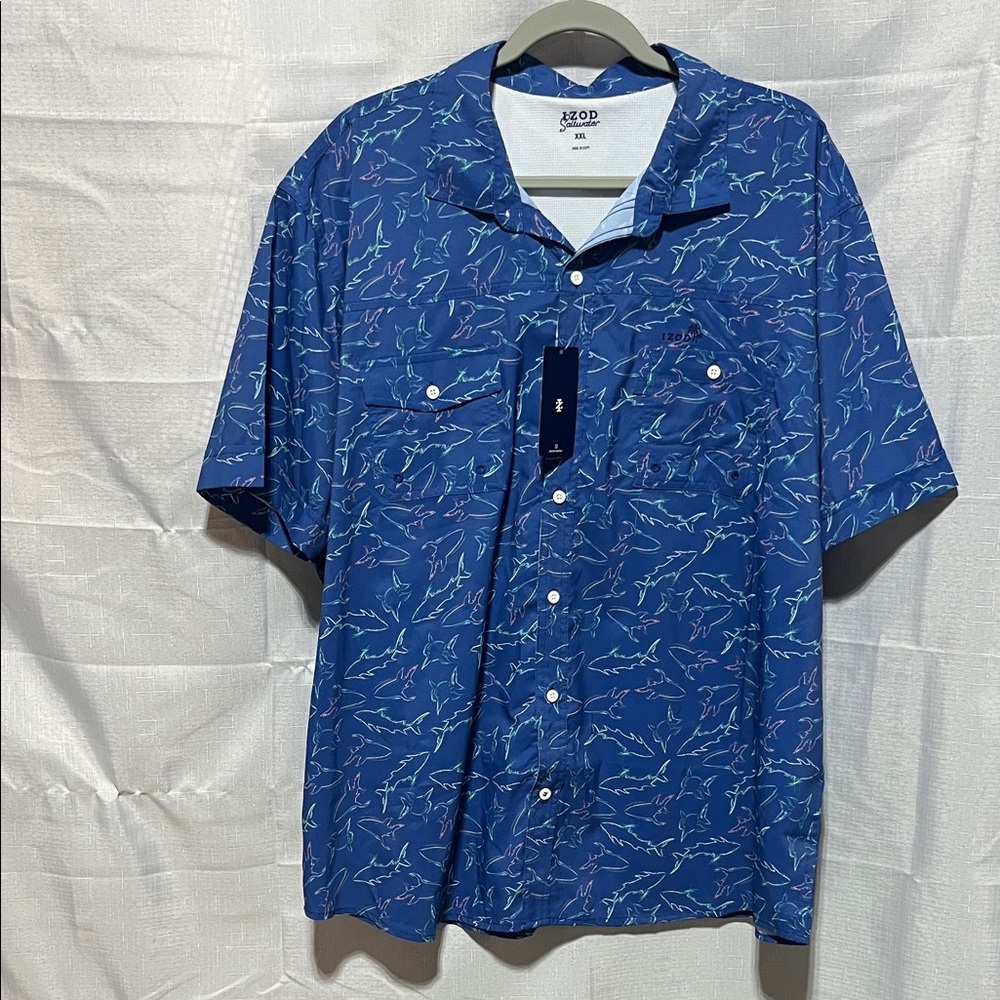 Izod Blue Short-Sleeve Button-Down Shirt with Shark Print
